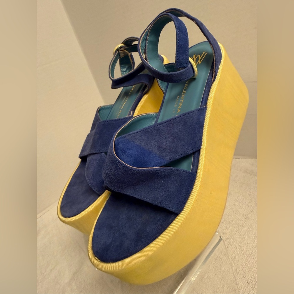 Valentina Rangoni Platform Sandals Italian Designer Cobalt Blue & Gold Size 7 - Picture 8 of 10